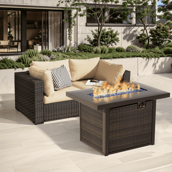 TANGJEAMER 3 Pieces All-Weather PE Rattan Sectional Sofa with Cushions and Fire Pit Table for Party and Family Gathering(Beige cushions)