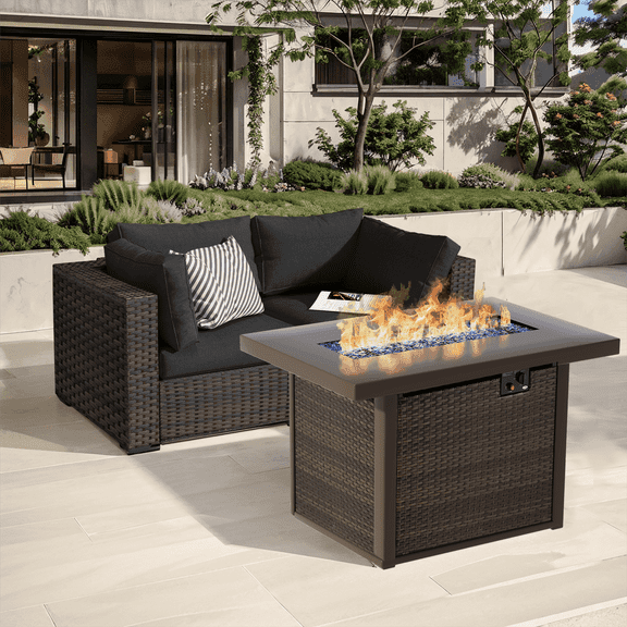 TANGJEAMER 3 Pieces All-Weather PE Rattan Sectional Sofa with Cushions and Fire Pit Table for Party and Family Gathering(Black cushions)