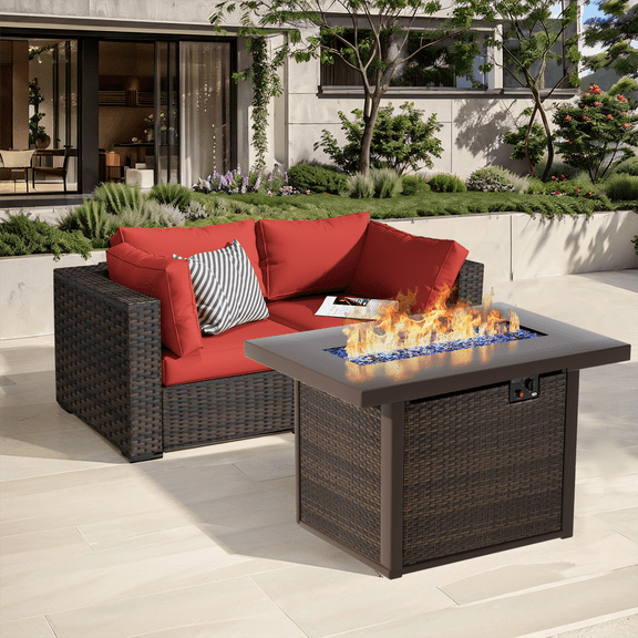 TANGJEAMER 3 Pieces All-Weather PE Rattan Sectional Sofa with Cushions and Fire Pit Table for Party and Family Gathering(Red cushions)