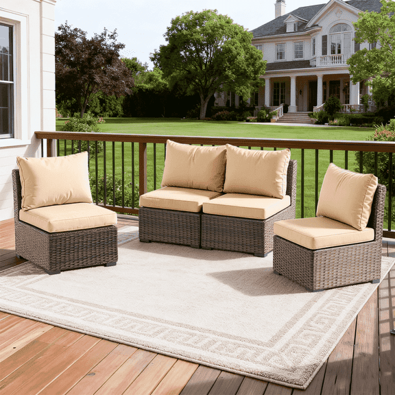 TANGJEAMER 4 Piece Patio Furniture Set.All Weather Outdoor Sectional PE Rattan, Patio Conversation Sets with Cushions for Garden Lawn Balcony(Beige)
