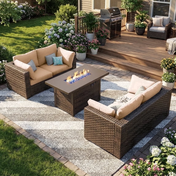 TANGJEAMER 5 Piece Patio Furniture Set with Fire Pit Table, All Weather Outdoor Sectional PE Rattan, Patio Conversation Sets with Cushions for Garden Lawn Balcony(Beige)