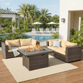thumbnail image 1 of TANGJEAMER 5 Piece Patio Furniture Set with Fire Pit Table, All Weather Outdoor Sectional PE Rattan, Patio Conversation Sets with Cushions and Glass Coffee Table for Garden Lawn Balcony, Beige, 1 of 9