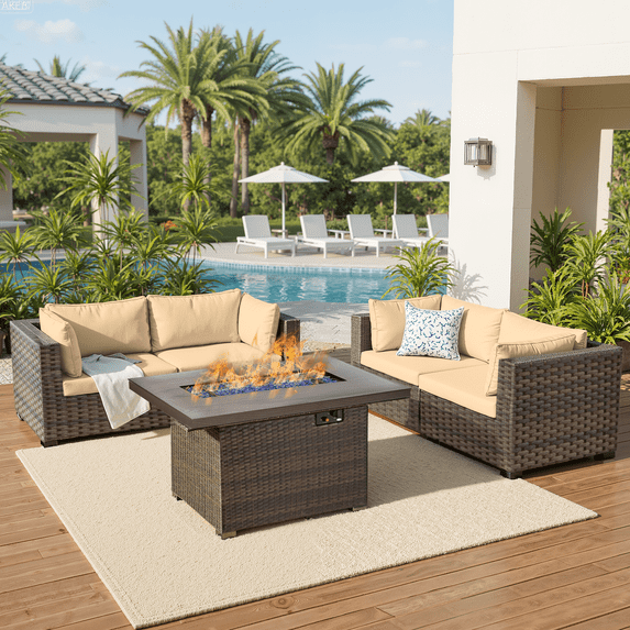 TANGJEAMER 5 Piece Patio Furniture Set with Fire Pit Table, All Weather Outdoor Sectional PE Rattan, Patio Conversation Sets with Cushions and Glass Coffee Table for Garden Lawn Balcony, Beige