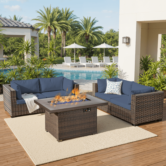 TANGJEAMER 5 Piece Patio Furniture Set with Fire Pit Table, All Weather Outdoor Sectional PE Rattan, Patio Conversation Sets with Cushions and Glass Coffee Table for Garden Lawn Balcony,Blue