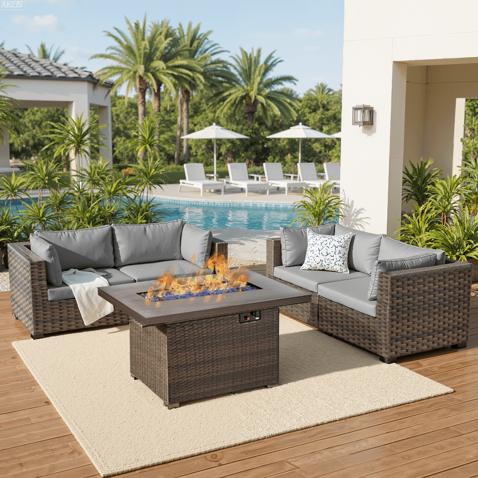 TANGJEAMER 5 Piece Patio Furniture Set with Fire Pit Table, All Weather Outdoor Sectional PE Rattan, Patio Conversation Sets with Cushions and Glass Coffee Table for Garden Lawn Balcony, Grey