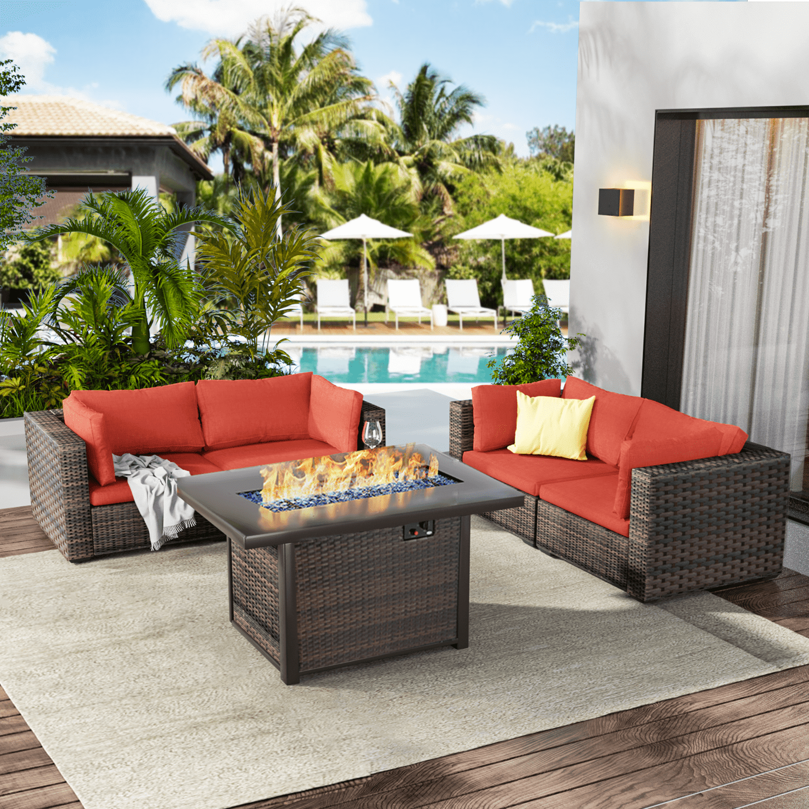 Walmart exclusive discounts  TANGJEAMER 5 Piece Patio Furniture Set with Fire Pit Table, All Weather Outdoor Sectional PE Rattan, Patio Conversation Sets with Cushions and Glass Coffee Table for Garden Lawn Balcony, Red