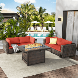 Tangkula 5 Pieces Patio Rattan Furniture Set, Outdoor Conversation Set With Cushioned Chair & Ottoman & Tempered Glass Coffee Table, All Weather Patio Sofa Sets For Garden, Backyard, Poolside (Red