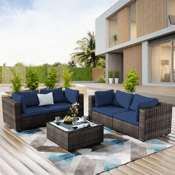 TANGJEAMER 5 Piece Patio Furniture Set, All Weather Outdoor Sectional PE Rattan, Patio Conversation Sets with Cushions and Glass Coffee Table for Garden Lawn Balcony Porch Deck,Blue