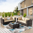 thumbnail image 1 of TANGJEAMER 5 Piece Patio Furniture Set, All Weather Outdoor Sectional PE Rattan, Patio Conversation Sets with Cushions and Glass Coffee Table for Garden Lawn Balcony Porch Deck, Beige, 1 of 7