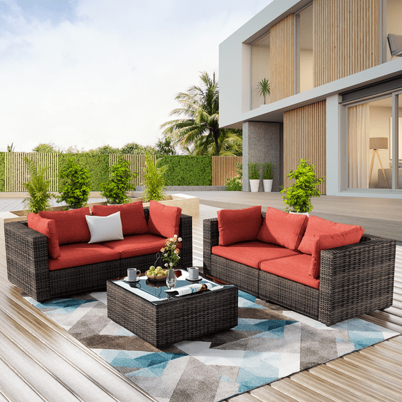 TANGJEAMER 5 Piece Patio Furniture Set, All Weather Outdoor Sectional PE Rattan, Patio Conversation Sets with Cushions and Glass Coffee Table for Garden Lawn Balcony Porch Deck, Red