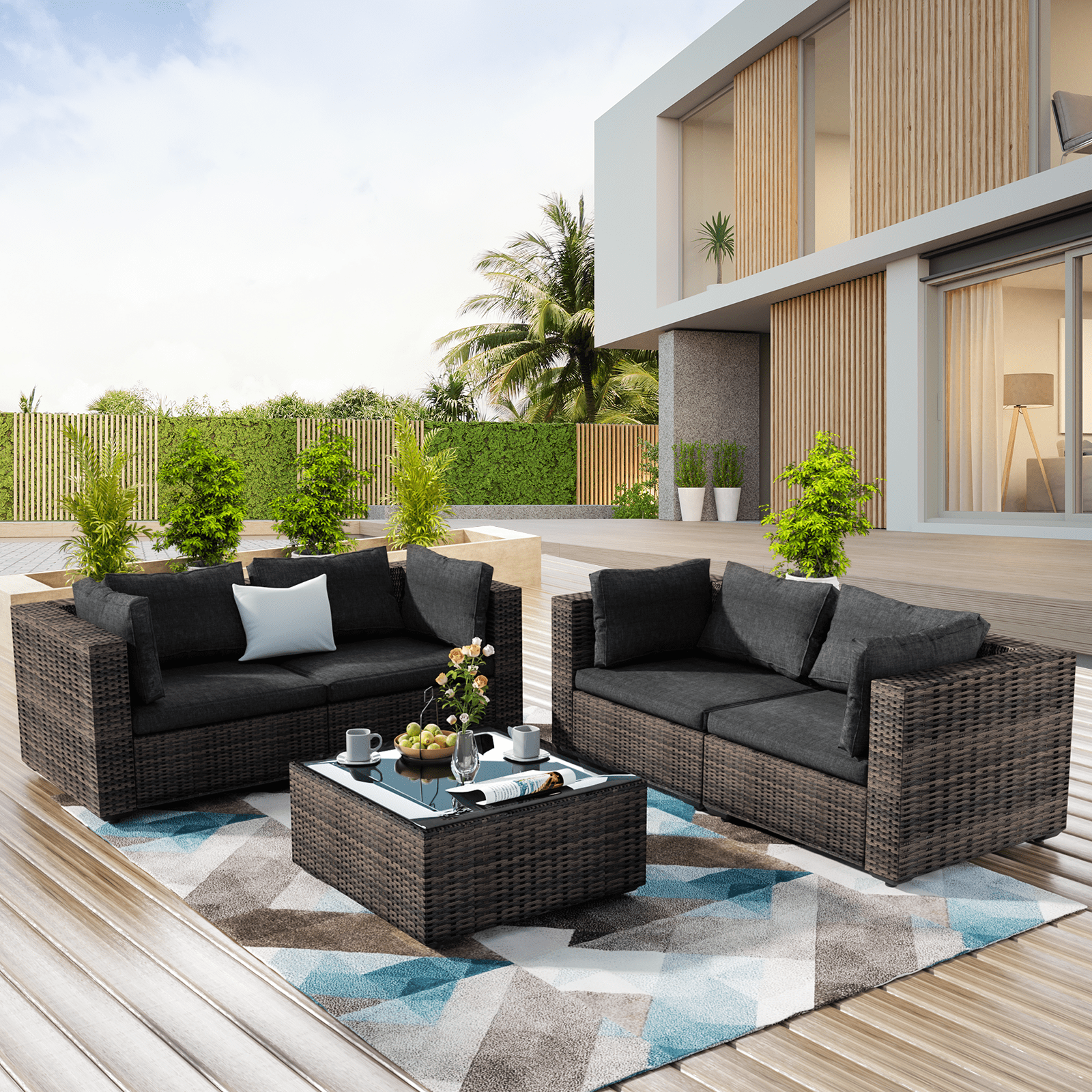 TANGJEAMER 5 Piece Patio Furniture Set, All Weather Outdoor Sectional PE Rattan, Patio Conversation Sets with Cushions and Glass Coffee Table for Garden Lawn Balcony Porch Deck, Black