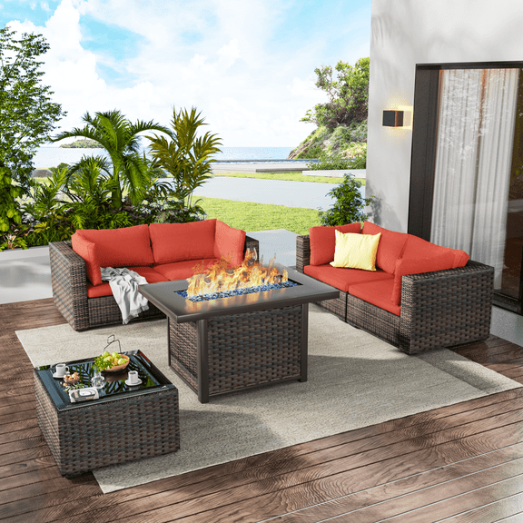 TANGJEAMER 6 Piece Patio Furniture Set with Fire Pit Table, All Weather Outdoor Sectional PE Rattan, Patio Conversation Sets with Cushions and Glass Coffee Table for Garden Lawn Balcony, Red
