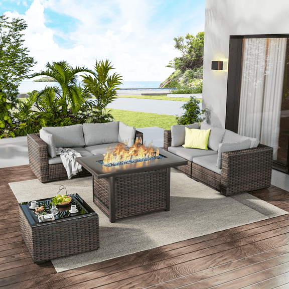 TANGJEAMER 6 Piece Patio Furniture Set with Fire Pit Table, All Weather Outdoor Sectional PE Rattan, Patio Conversation Sets with Cushions and Glass Coffee Table for Garden Lawn Balcony, Grey