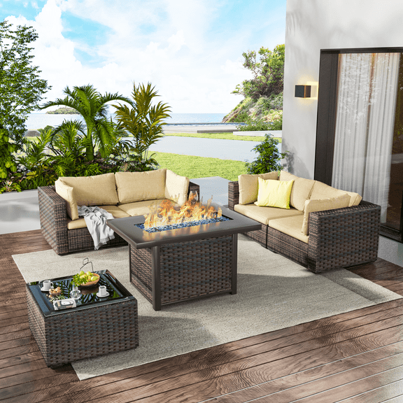 TANGJEAMER 6 Piece Patio Furniture Set with Fire Pit Table, All Weather Outdoor Sectional PE Rattan, Patio Conversation Sets with Cushions and Glass Coffee Table for Garden Lawn Balcony, Beige