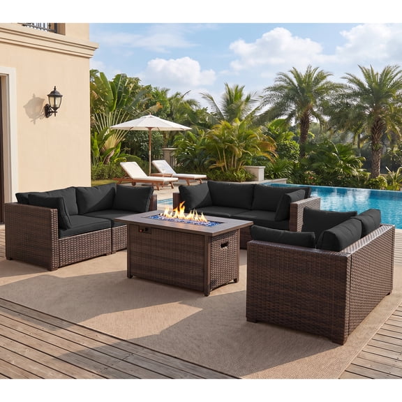 TANGJEAMER 7 Piece Patio Furniture Set with Fire Pit Table, All Weather Outdoor Sectional PE Rattan, Patio Conversation Sets with Cushions for Garden Lawn Balcony, Black