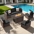 thumbnail image 1 of TANGJEAMER 7 Piece Patio Furniture Set with Fire Pit Table, All Weather Outdoor Sectional PE Rattan, Patio Conversation Sets with Cushions for Garden Lawn Balcony（Black）, 1 of 7