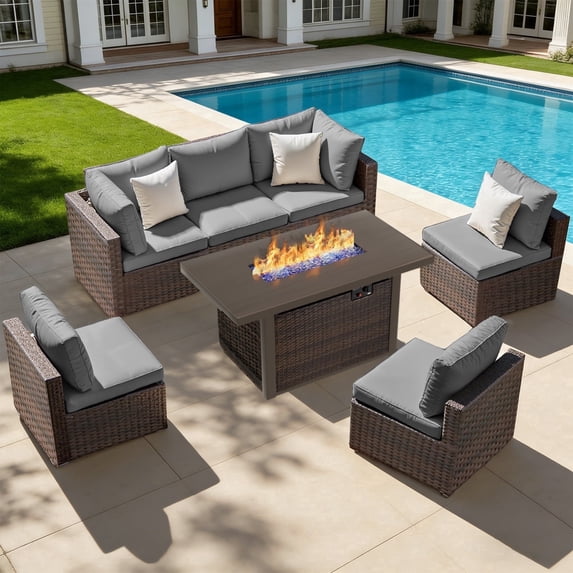TANGJEAMER 7 Piece Patio Furniture Set with Fire Pit Table, All Weather Outdoor Sectional PE Rattan, Patio Conversation Sets with Cushions for Garden Lawn Balcony(Gray)