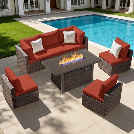 TANGJEAMER 7 Piece Patio Furniture Set with Fire Pit Table, All Weather Outdoor Sectional PE Rattan, Patio Conversation Sets with Cushions for Garden Lawn Balcony(Red)
