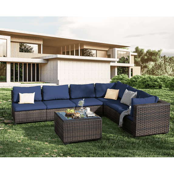 TANGJEAMER 7 Piece Patio Furniture Set, All Weather Outdoor Sectional PE Rattan, Patio Conversation Sets with Cushions and Glass Coffee Table for Garden Lawn Balcony Porch Deck,Blue