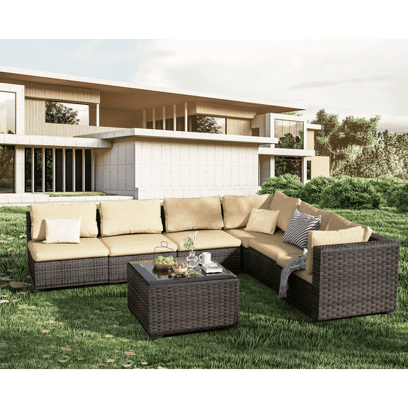 TANGJEAMER 7 Piece Patio Furniture Set, All Weather Outdoor Sectional PE Rattan, Patio Conversation Sets with Cushions and Glass Coffee Table for Garden Lawn Balcony Porch Deck, Beige