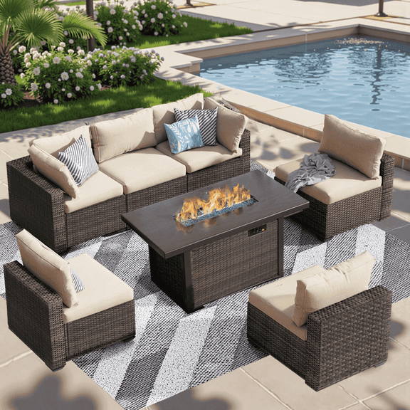 TANGJEAMER 7 Pieces All-Weather PE Rattan Sectional Sofa with Cushions and Fire Pit Table for Party and Family Gathering(Beige cushions)