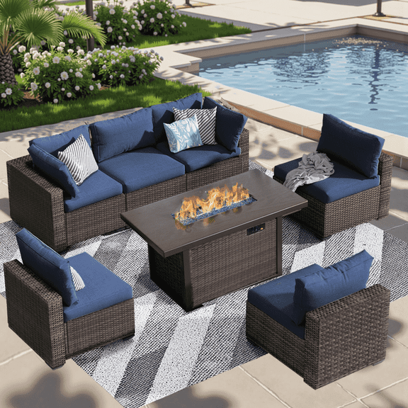 TANGJEAMER 7 Pieces All-Weather PE Rattan Sectional Sofa with Cushions and Fire Pit Table for Party and Family Gathering(Blue cushions)