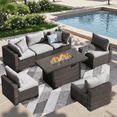 thumbnail image 1 of TANGJEAMER 7 Pieces All-Weather PE Rattan Sectional Sofa with Cushions and Fire Pit Table for Party and Family Gathering(Grey cushions), 1 of 11