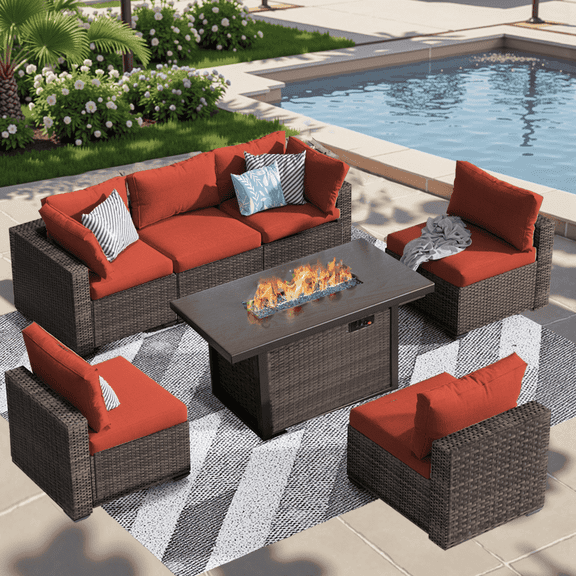 TANGJEAMER 7 Pieces All-Weather PE Rattan Sectional Sofa with Cushions and Fire Pit Table for Party and Family Gathering(Red cushions)