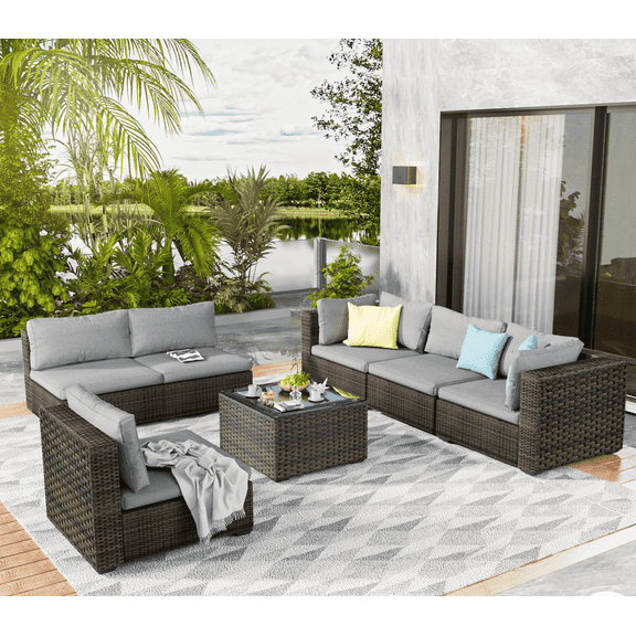 TANGJEAMER 7 Pieces Patio Outdoor Furniture Sets All Weather Wicker Sectional Sofa Couch Lawn Sectional Furniture with Washable Couch Cushions and Black-Glass Table, Gray