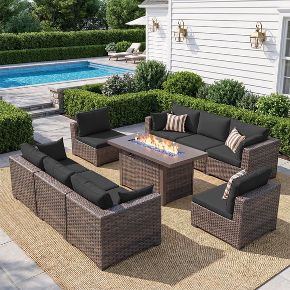 TANGJEAMER 9 Piece Patio Furniture Set with Fire Pit Table, All Weather Outdoor Sectional PE Rattan, Patio Conversation Sets with Cushions for Garden Lawn Balcony（Black）