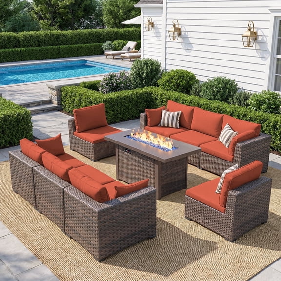 TANGJEAMER 9 Piece Patio Furniture Set with Fire Pit Table, All Weather Outdoor Sectional PE Rattan, Patio Conversation Sets with Cushions for Garden Lawn Balcony(Red)