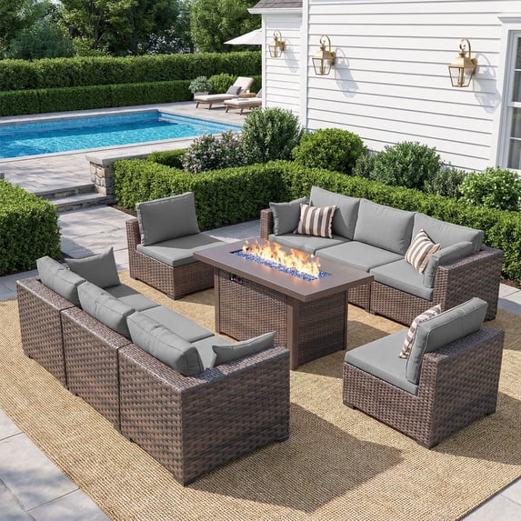 TANGJEAMER 9 Piece Patio Furniture Set with Fire Pit Table, All Weather Outdoor Sectional PE Rattan, Patio Conversation Sets with Cushions and Glass Coffee Table for Garden Lawn Balcony(Gray)