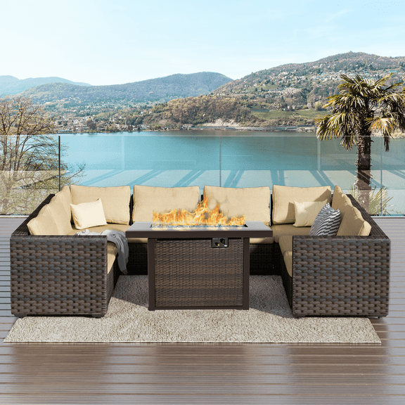 TANGJEAMER 9 Piece Patio Furniture Set with Fire Pit Table, All Weather Outdoor Sectional PE Rattan, Patio Conversation Sets with Cushions and Glass Coffee Table for Garden Lawn Balcony, Beige