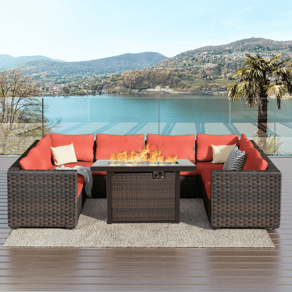 TANGJEAMER 9 Piece Patio Furniture Set with Fire Pit Table, All Weather Outdoor Sectional PE Rattan, Patio Conversation Sets with Cushions and Glass Coffee Table for Garden Lawn Balcony, Red