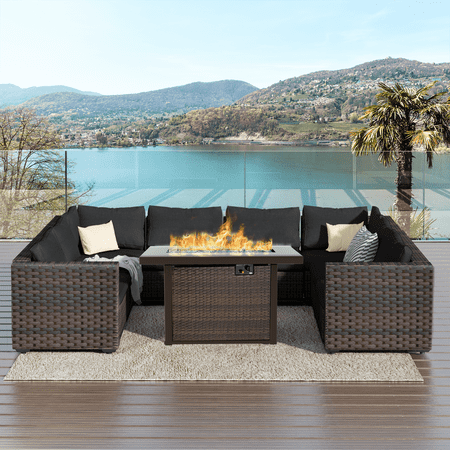 TANGJEAMER 9 Piece Patio Furniture Set with Fire Pit Table, All Weather Outdoor Sectional PE Rattan, Patio Conversation Sets with Cushions and Glass Coffee Table for Garden Lawn Balcony, Black
