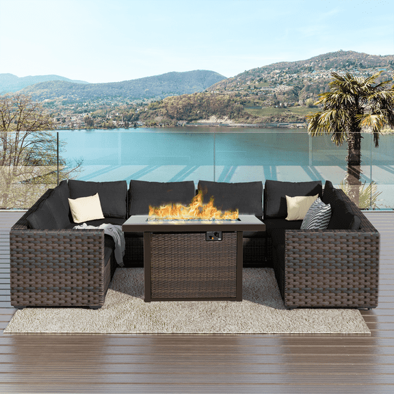 TANGJEAMER 9 Piece Patio Furniture Set with Fire Pit Table, All Weather Outdoor Sectional PE Rattan, Patio Conversation Sets with Cushions and Glass Coffee Table for Garden Lawn Balcony, Black