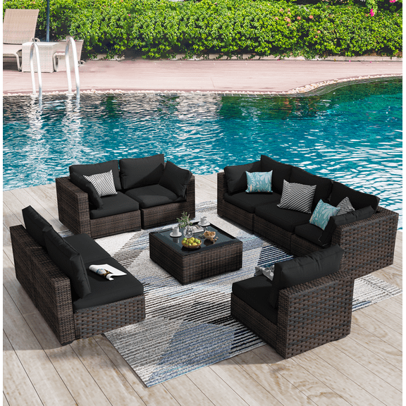 TANGJEAMER 9 Piece Patio Furniture Set, All Weather Outdoor Sectional PE Rattan, Patio Conversation Sets with Cushions and Glass Coffee Table for Garden Lawn Balcony