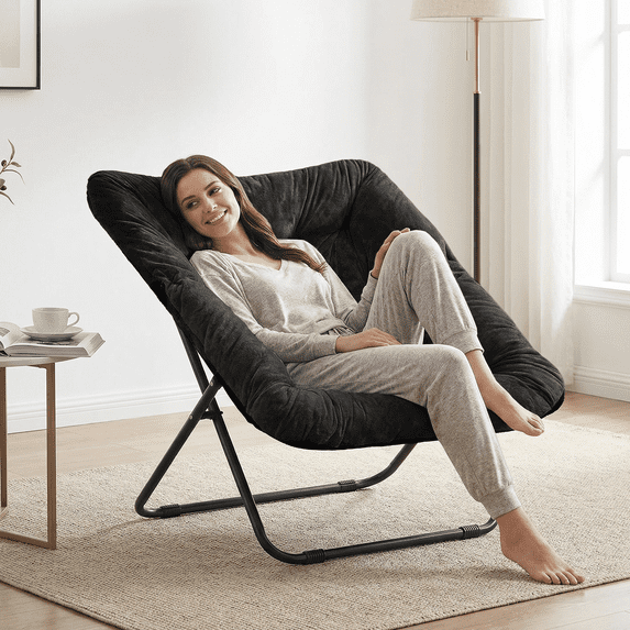 TANGJEAMER Folding Chair, Saucer Chair with Metal Frame, Comfy Moon Chairs for Bedroom, Living Rooms, Apartments, Garden and Courtyard (Black)