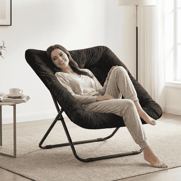TANGJEAMER Folding Chair, Saucer Chair with Metal Frame, Comfy Moon Chairs for Bedroom, Living Rooms, Apartments, Garden and Courtyard (Black)