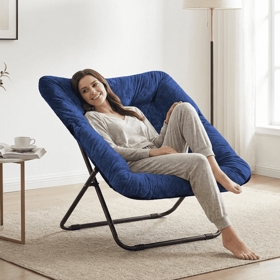 TANGJEAMER Folding Chair, Saucer Chair with Metal Frame, Comfy Moon Chairs for Bedroom, Living Rooms, Apartments, Garden and Courtyard (Blue)