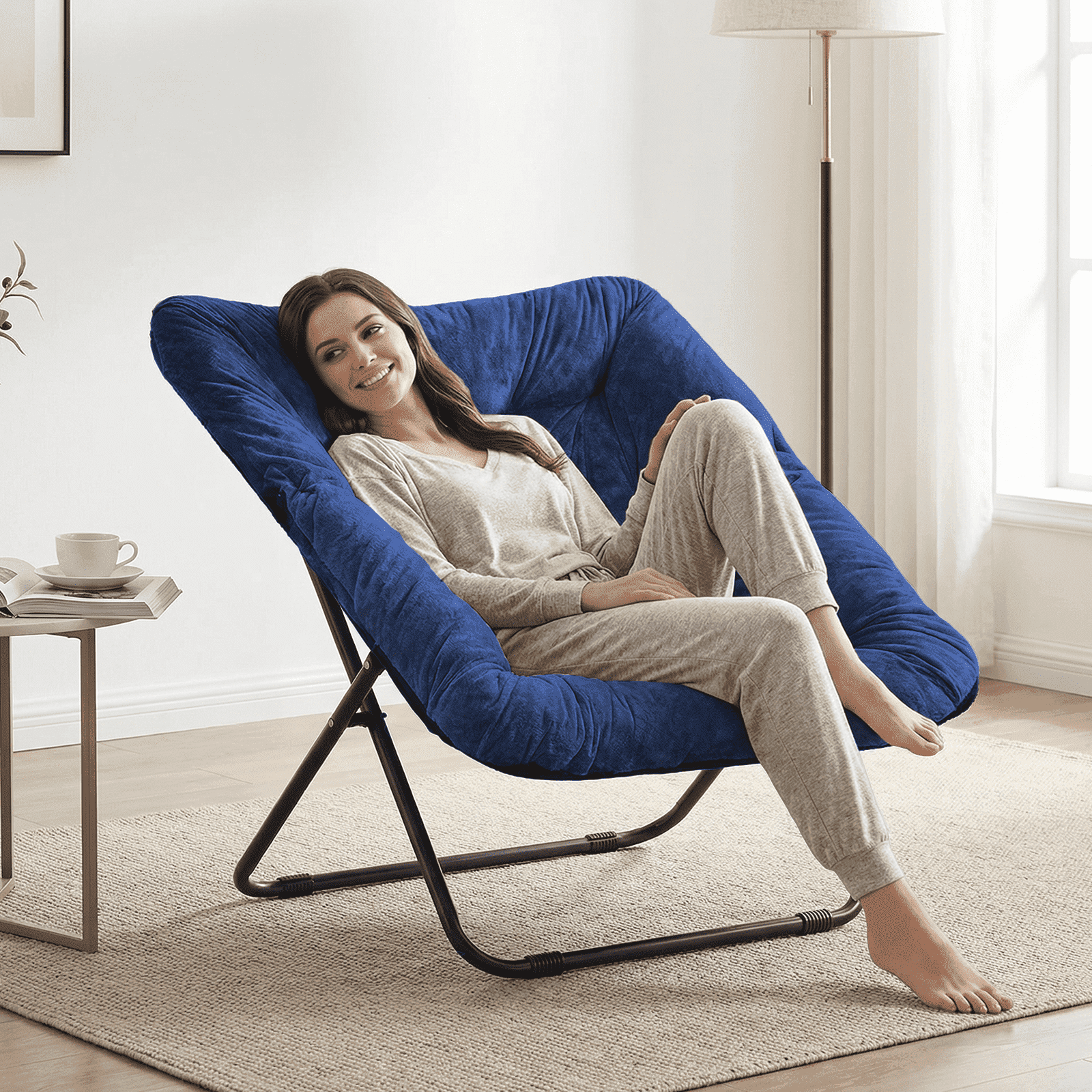 TANGJEAMER Folding Chair, Saucer Chair with Metal Frame, Comfy Moon Chairs for Bedroom, Living Rooms, Apartments, Garden and Courtyard (Blue)