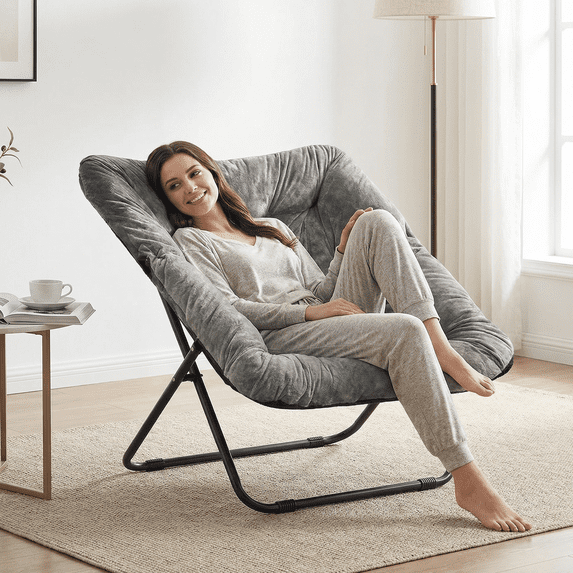 TANGJEAMER Folding Chair, Saucer Chair with Metal Frame, Comfy Moon Chairs for Bedroom, Living Rooms, Apartments, Garden and Courtyard (Gray)