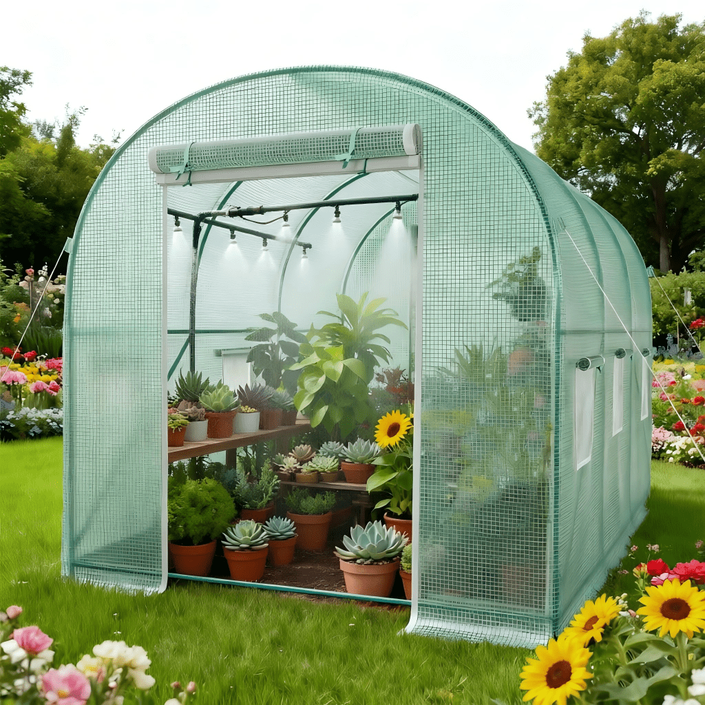 TANGJEAMER Greenhouse with Watering System, Large Walk-in Greenhouse Reinforced Metal Frame, 6 Screen Windows and 1 Door, Green House Irrigation Watering Kit for Garden Plants Flowers 11.5x6.5x6.5FT