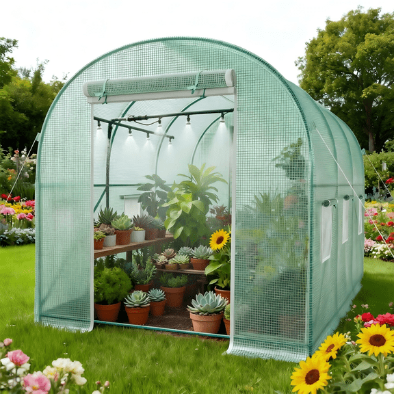 TANGJEAMER Greenhouse with Watering System, Large Walk-in Greenhouse Reinforced Metal Frame, 6 Screen Windows and 1 Door, Green House Irrigation Watering Kit for Garden Plants Flowers 11.5x6.5x6.5FT