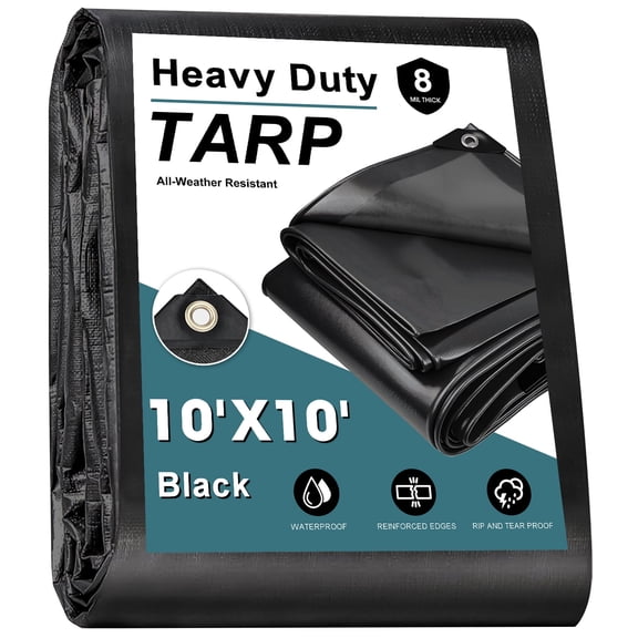 TANGJEAMER Heavy-Duty Black Tarp 10x10 Ft – Waterproof & Tear-Resistant for Outdoor Furniture, Camping & Truck Beds