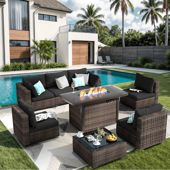 TANGJEAMER Outdoor Garden 8 Piece Patio Furniture with 43" 55000BTU Gas Propane Fire Pit Table Rattan Wicker Sectional Set