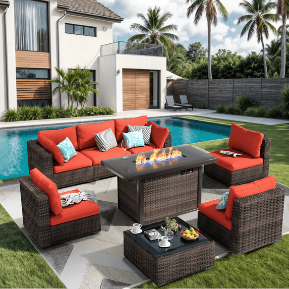 TANGJEAMER Outdoor Garden 8 Piece Patio Furniture with 43" 55000BTU Gas Propane Fire Pit Table Rattan Wicker Sectional Set
