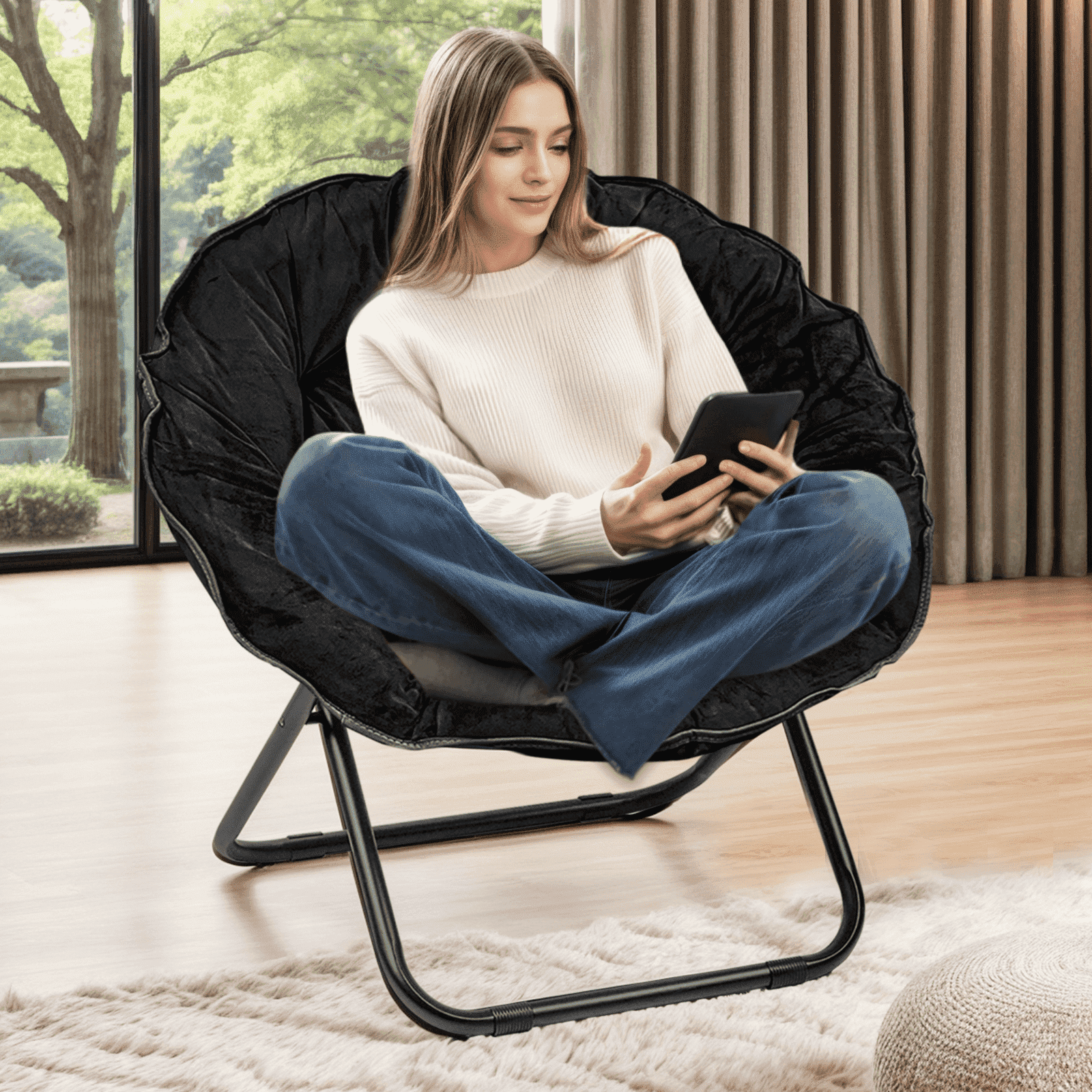TANGJEAMER Round Folding Chair, Saucer Chair with Metal Frame, Comfy Moon Chairs for Bedroom, Living Rooms, Apartments, Garden and Courtyard (Black)