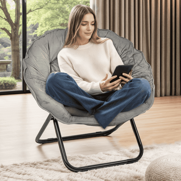 TANGJEAMER Round Folding Chair, Saucer Chair with Metal Frame, Comfy Moon Chairs for Bedroom, Living Rooms, Apartments, Garden and Courtyard (Gray)