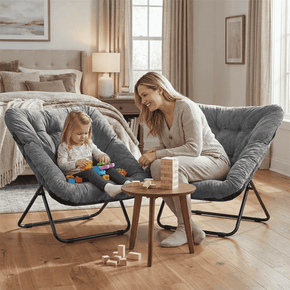 TANGJEAMER a pair of Folding Chairs, Saucer Chairs with Metal Frame, Comfy Moon Chairs for Bedroom, Living Rooms, Apartments, Garden and Courtyard (Gray)